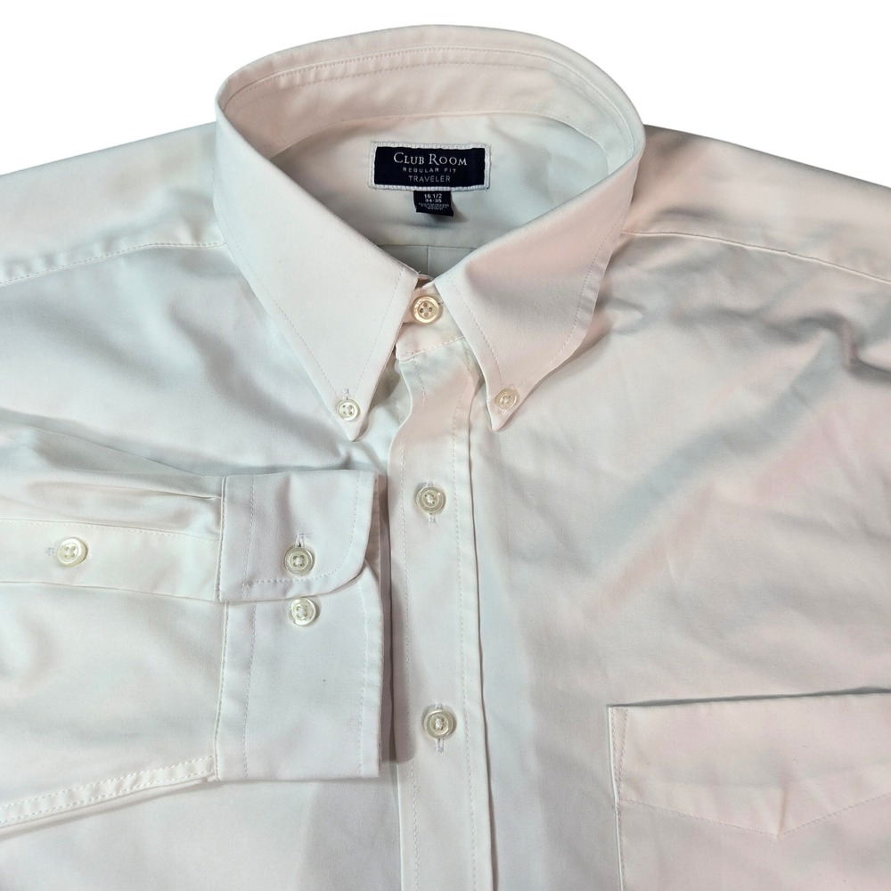 Club Room Traveler Men's White Dress Shirt Regular Fit 16.5 34-35 Stretch Pocket